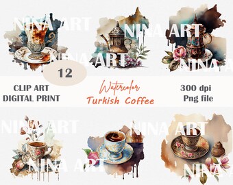 Watercolor Turkish Coffee Clipart Set, Vintage Coffee Cups (PNG)