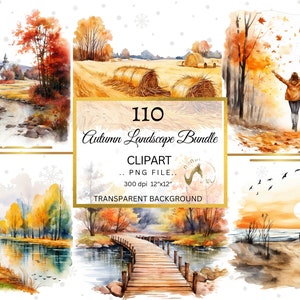 Watercolor Autumn Landscape Clipart Bundle, Watercolor Fall Season, Card Making Autumn Scenery, Mountains, Cabin PNG, Forest PNG, Nature PNG