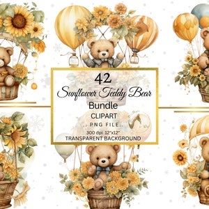 Clipart dell'orsacchiotto di girasole, bundle di clipart dell'orsacchiotto autunnale dell'acquerello, clipart di paesaggi autunnali, baby shower, arredamento della scuola materna, uso commerciale