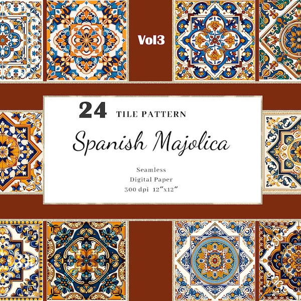 Spanish Majolica Tiles Royal Sublimation Set, Mosaic Spanish Majolica, White borders, Luxurious colorful Intricate details, Commercial Use