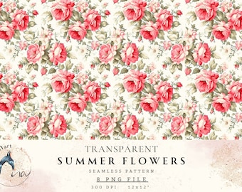 Puede incluir: Un patrón sin costuras con flores rosas y blancas sobre un fondo blanco. El patrón está etiquetado como "Flores de verano transparentes" y es una descarga digital.