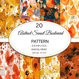 May include: 20 digital seamless patterns in a watercolor style with abstract shapes and splashes of orange, yellow, red, and brown. The patterns are 12 inches by 12 inches and 300 dpi.