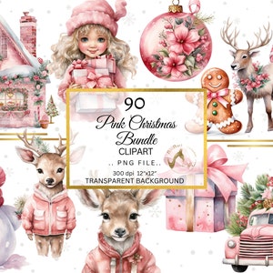 Watercolor Baby Pink Christmas Clipart PNG Bundle, Pink Winter Christmas Card Clipart, Pink Christmas, Pink Holiday, Pink Xmas png, Pink PNG