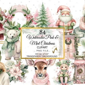 Paquete PNG de imágenes prediseñadas de Navidad rosa acuarela, imágenes prediseñadas de tarjeta de Navidad de invierno rosa bebé, Navidad rosa, vacaciones verdes, Navidad Shabby Chic