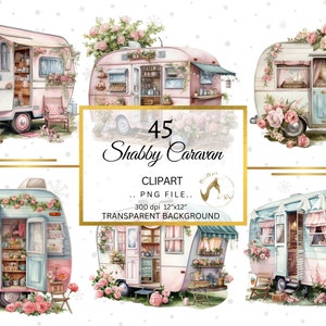 Aquarell Shabby Chic Wohnwagen Clipart, Blumen Wohnwagen Clipart, Junk Journal, Camping PNG, Aquarelleffekt, Clipart-Bundle, weiche Farbtöne