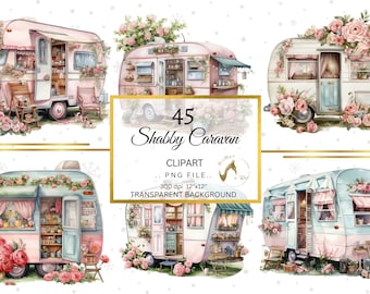 Watercolor Shabby Chic Caravan Clipart, Floral Caravan Clipart, Junk Journal, Camping PNG, Watercolor Effect, Clipart Bundle, Soft Hues