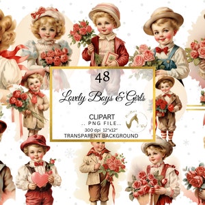 Retro Boys & Girls Clipart, Valentines PNG, Digital Download, Valentine PNG Clipart, Vintage Valentines Ephemera, Valentines PNG, Floral png