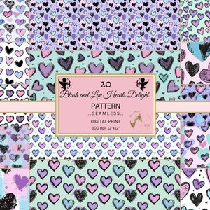 Blush and Lavender Hearts Seamless Paper, Cute and Quirky Heart pattern, light purple and blue, repeating file, Valentines seamless paper