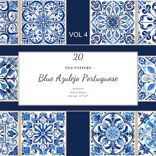 Blue Azulejo Portugais Tiles Digital Pattern, Azulejo Tiles, Carreaux méditerranéens, Papier numérique bleu profond et bleu clair, Utilisation commerciale