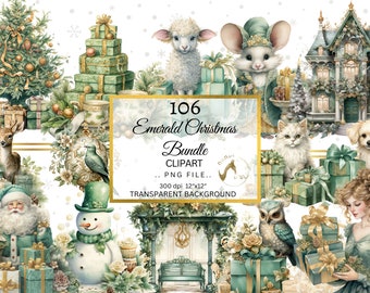 Watercolor Emerald Christmas Clipart Bundle (PNG)