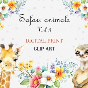 Africa safari Giraffa Meerkat floreale Acquerello piccoli animali clipart, ritratto di bambini Fiore, bambini carini, arte della scuola materna, baby-doccia, NiiiNart