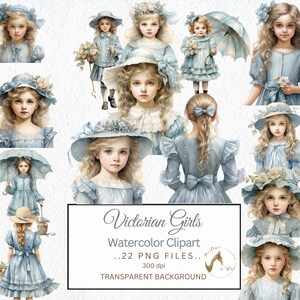 Pacchetto di clipart dell'acquerello della bambina vittoriana PNG blu vintage ragazza arte carta grafica lavorazione carta spazzatura diario pagine scrapbook download