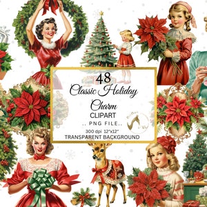 Donna degli anni '50 che indossa un abito di Natale Clipart, Natale vintage retrò, Pintables digitali, Clipart di renne PNG, Uso commerciale, Download digitale