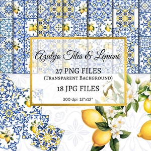 Blue Portugese Azulejo Watercolor Tile and Lemons Digital Scrapbook Paper and Clip Art, Mediterranean Ceramic Tiles, Seamless Paper PNG&JPG