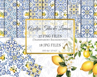 Blue Portugese Azulejo Watercolor Tile and Lemons Digital Scrapbook Paper and Clip Art, Mediterranean Ceramic Tiles, Seamless Paper PNG&JPG