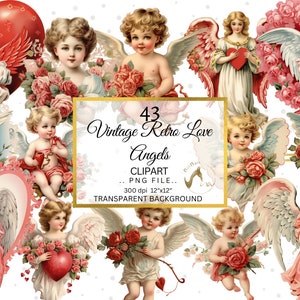 Op de afbeelding: Een verzameling van 43 vintage engel clipart afbeeldingen. De engelen, met krullend blond haar en vleugels, houden harten en rozen vast. Het kleurenpalet omvat zachte roze, rode en witte tinten. De tekst op de afbeelding luidt "Vintage Retro Love Angels Clipart".