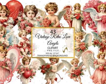 Retro Angel Clipart, Valentines Angel PNG, Vintage Angel Digital Download, Valentine PNG Clipart, Vintage Valentines Ephemera, Heart Angels