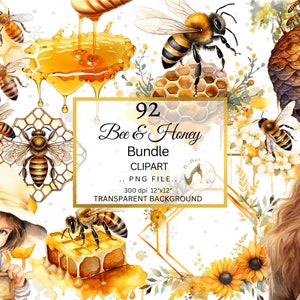 Watercolor Bees & Honey Clipart Bundle, Garden bees and honeycomb clip art PNG graphics Digital, Honey PNG, Honey Jar PNG, Commercial use