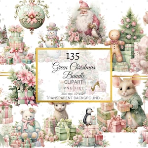 Aquarell Grün Weihnachten Clipart PNG Bundle, Baby Rosa Winter Weihnachtskarte Clipart, Rosa Weihnachten, Grün Urlaub, Shabby Chic Weihnachten