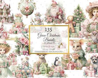 Watercolor Green Christmas Clipart PNG Bundle, baby Pink Winter Christmas Card Clipart, Pink Christmas, Green Holiday, Shabby Chic Christmas