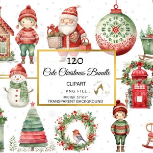 Watercolor Christmas Clipart PNG Bundle, Big Bundle Christmas Clipart for Commercial Use, Digital Download, Sublimation Design, Handpainted