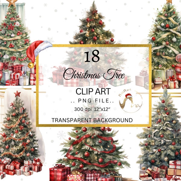 Kerstboom PNG, Aquarel Clipart Bundel, Junk Journal, Digital Planner, Collage Images, Christmas Sublimation, Christmas Clipart
