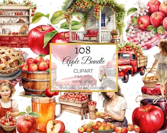 Watercolor Apple Clipart Bundle, Orchard Harvest Graphics (PNG)