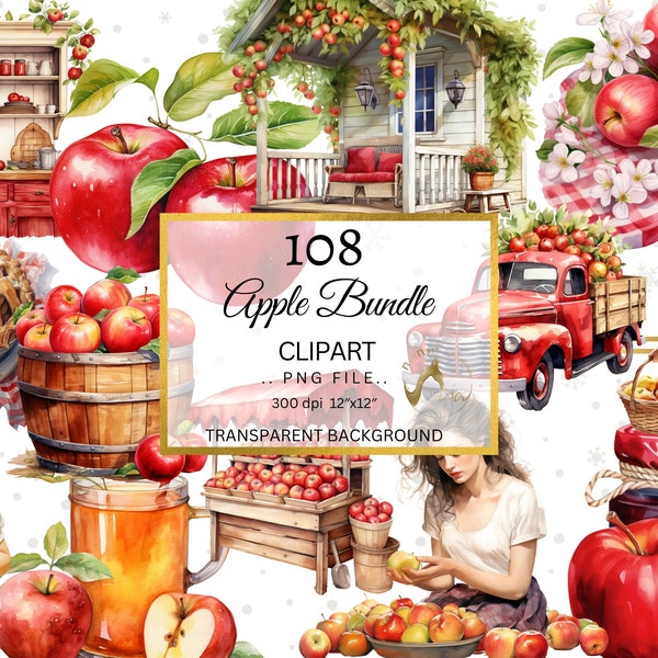 Apple clipart bundle, Red watercolor apple clipart, Apple pie, Orchard, apple juice, Apple farmer Girl PNG, apple barrel jam, Apple harvest