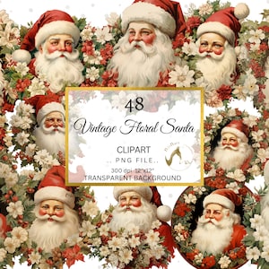 Santa Claus Clipart, Santa, Red Santa, Winter and Christmas Illustrations, PNG Graphics, Christmas Floral Wreath Download for Commercial Use