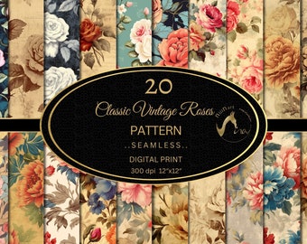 Vintage bloemen digitaal papierpakket, rozenpioenrozen (pdf)