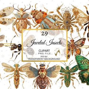 Insectos Clipart PNG Fondo transparente, Insectos enjoyados PNG Clipart, Imágenes prediseñadas imprimibles en oro, Descarga digital, Artesanía de papel, diario basura