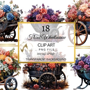 Clipart de brouette florale aquarelle ensemble impression botanique, clipart de roses, brouette âgée, brouette de jardin numérique à usage commercial