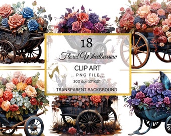 Floral Wheelbarrow Clipart Set, Roses, Garden PNG (Digital Download)