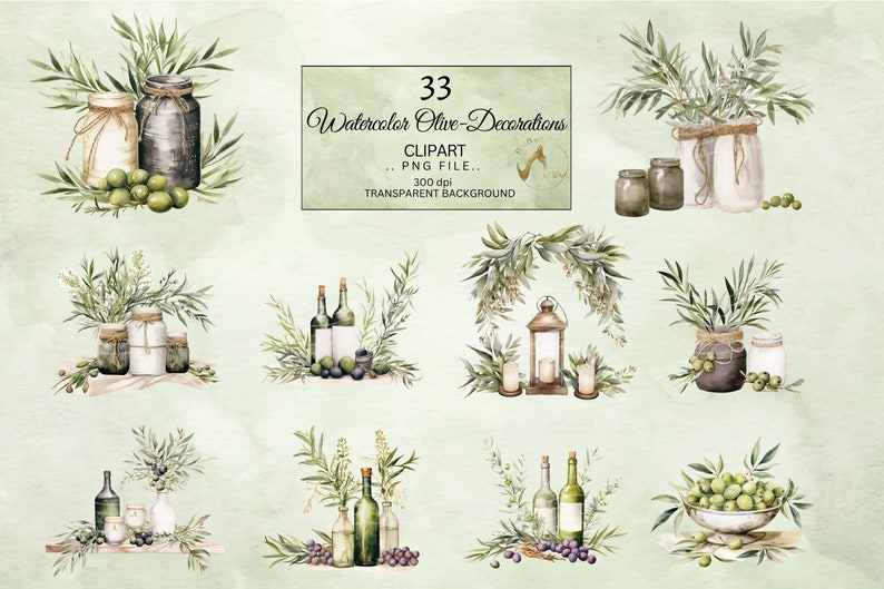Watercolor Olive Decorations Clipart, Decor clipart, Wedding Clipart, White Candles Clipart, Wedding Centerpiece, White and Green Clipart image 8