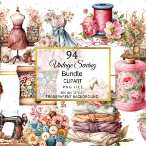 Imágenes prediseñadas de costura de acuarela, imágenes prediseñadas de máquinas de coser, descarga digital, Shabby Chic, imágenes prediseñadas vintage, imágenes prediseñadas Cottagecore, PNG floral, PNG