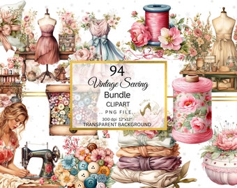 Watercolor Sewing Clipart, Sewing Machines Clipart, Digital Download, Shabby Chic, Vintage Clipart, Cottagecore Cliparts, Floral PNG, PNG