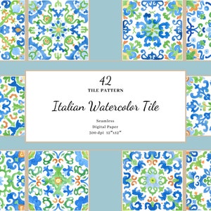 Piastrella italiana acquerello, carta digitale per piastrelle, modello senza cuciture senza tempo, piastrelle acquerello primaverile, blu verde arancione, licenza commerciale