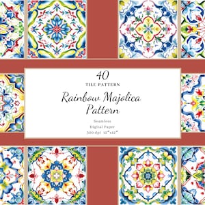 Papier numérique motif majolique aquarelle arc-en-ciel, motif numérique portugais azulejos colorés, carreaux portugais arc-en-ciel, licence commerciale