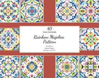 Watercolor Majolica Tile Pattern, Rainbow Azulejo Design (Digital Download)