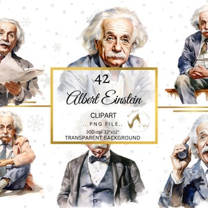 May include: A set of 42 watercolor illustrations of Albert Einstein in various poses. The illustrations are on a white background with a snowflake pattern. The illustrations are high-resolution and have a transparent background.