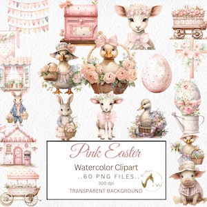 Pacchetto PNG di Clipart dell'acquerello di Pasqua della fattoria di campagna, illustrazione di Pasqua, carta del diario spazzatura, download digitale PNG rosa, PNG clipart rosa