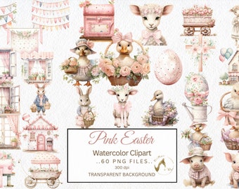 Farmhouse Easter Watercolor Clipart, Pink PNG Bundle (Digital Download)