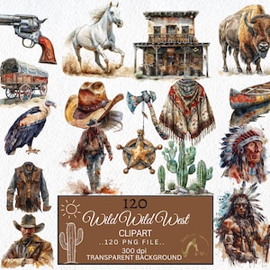 Watercolor Wild West Clipart, Watercolor Western Clipart Bundle, Cowboy PNG, Cowgirl PNG, Western Graphics, Western Illustrations, Wild West