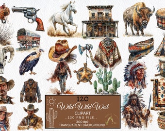 Clipart aquarelle Far West, aquarelle Western Clipart Bundle, Cowboy PNG, Cowgirl PNG, graphismes Western, Illustrations Western, Far West