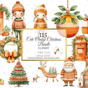 Watercolor Orange Christmas Clipart PNG Bundle, Orange Winter Christmas Card Clipart, Orange Christmas, Orange Holiday, Orange Christmas png