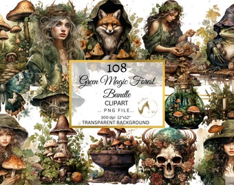 Green Witch Clipart Bundle, Magic Forest PNG (Digital Download)