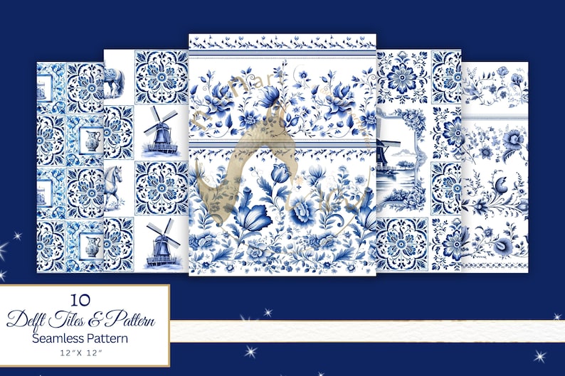 Watercolor Delft Tiles Delft Seamless Patterns Borders and Delft ...