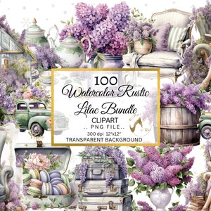 Aquarelle Rustic Lilac Farmhouse Clipart Bundle, Rustic Clipart Bundle, Purple color farmhouse png, décorations de ferme confortables, scrapbooking