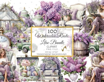 Watercolor Lilac Farmhouse Clipart Bundle (PNG)