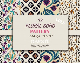 Boho Floral Digital Paper, 12"x12" Seamless Patterns (Digital Download)